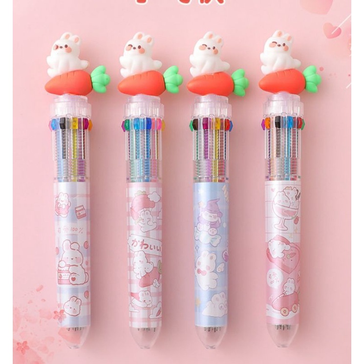 Bút bi 10 màu mực dễ thương khủng long, bò sữa, thỏ cà rốt, gấu xanh/ Bút bi béo lò xo bấm 6 ngòi học sinh, sinh viên