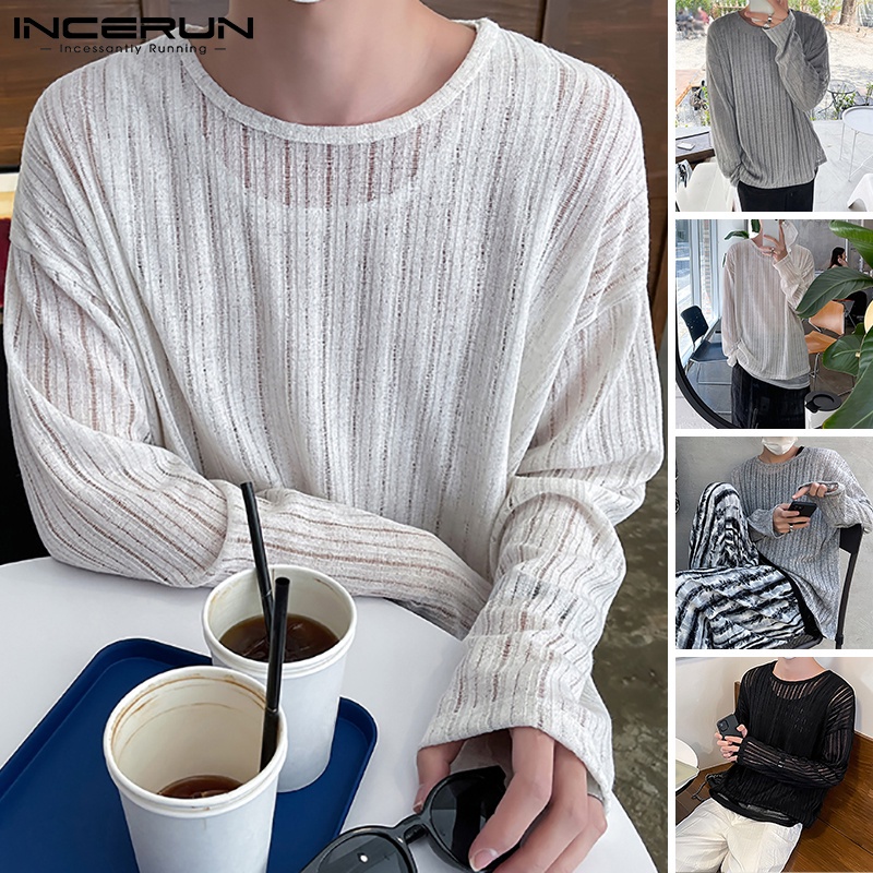 Áo thun nam INCERUN xuyên thấu cổ tròn hoạ tiết sọc dài tay 3 màu sắc thời trang tự chọn