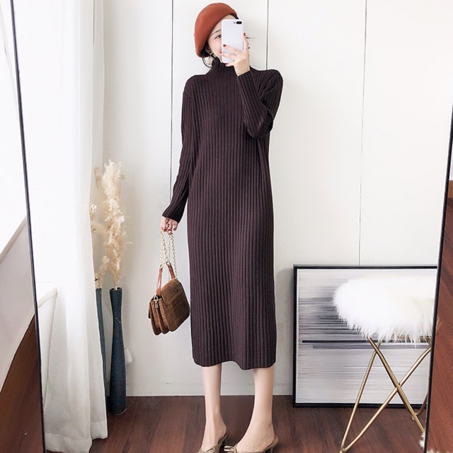 Ảnh thật - Váy cho bà bầu chất len siêu dầy dặn dành cho mùa đông mẹ bầu cao cổ mã B07