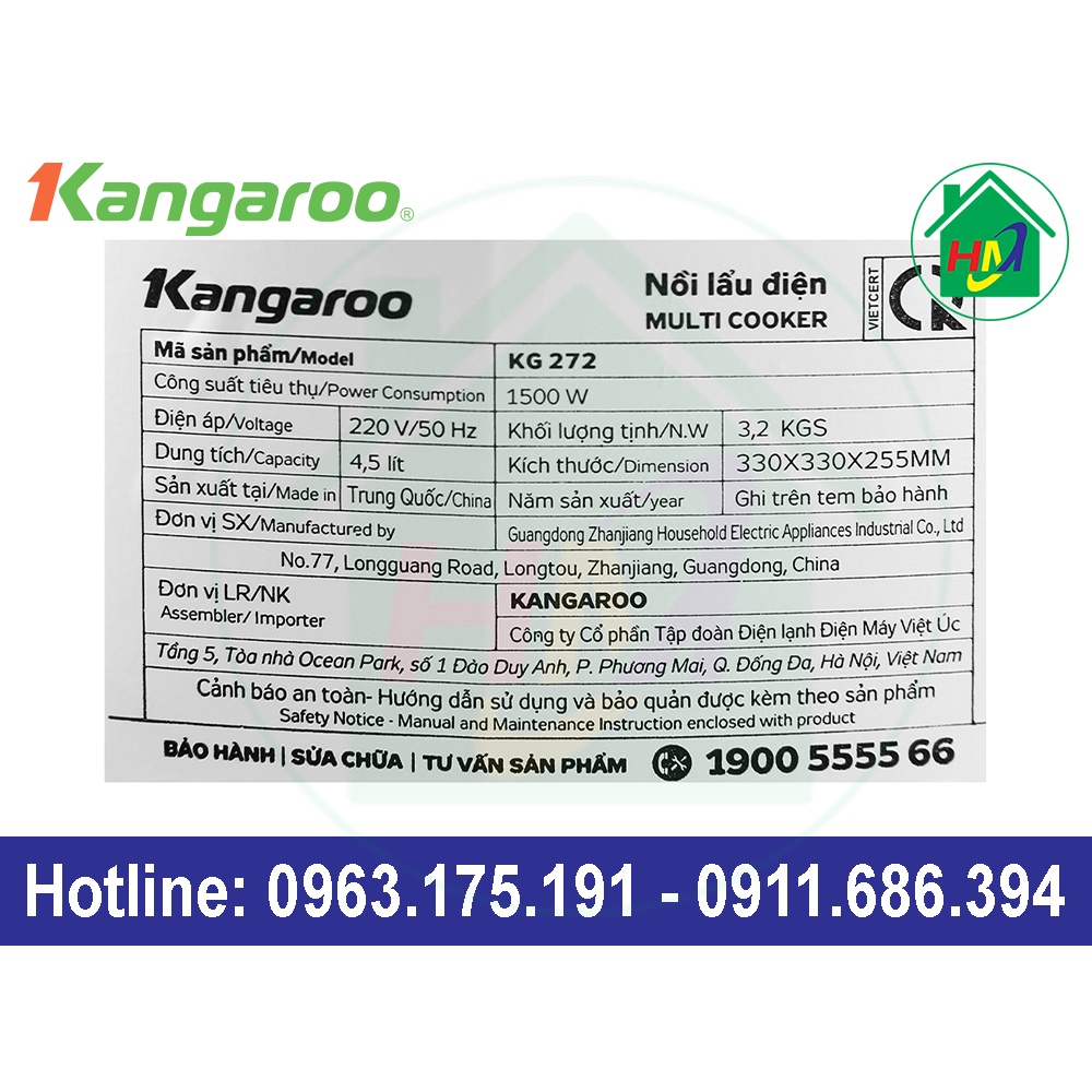 Nồi Lẩu Điện Kangaroo 4.5L KG272 Chính Hãng
