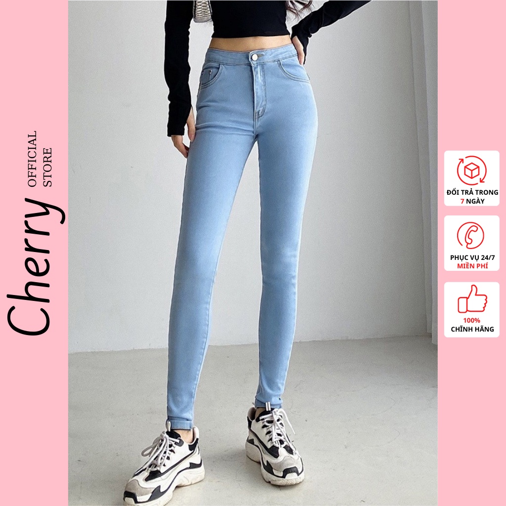 Quần jean nữ lưng cao co giãn có túi CHERRY, quần bò cạp cao bigsize skinny jeans dáng ôm trơn dài T022 | BigBuy360 - bigbuy360.vn