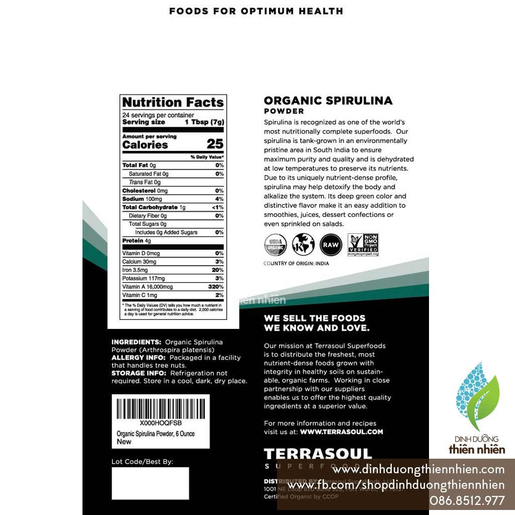 Bột Tảo Spirulina Hữu Cơ Terrasoul, 170g & 454g
