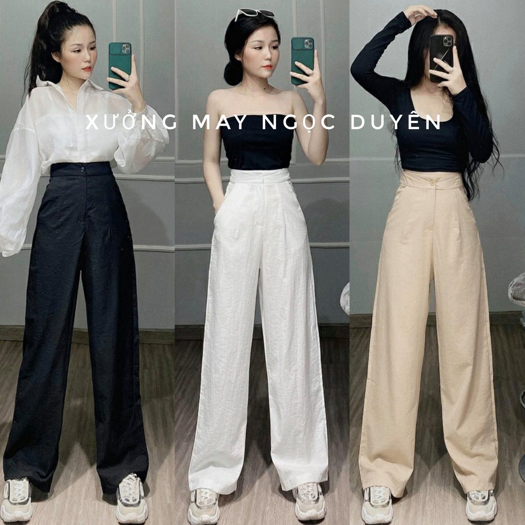 Quần đũi dài nữ ống rộng lưng thun dáng suông đứng cạp chun khóa kéo màu trắng đen - Vải dày trơn mặc đi chơi biển ở nhà