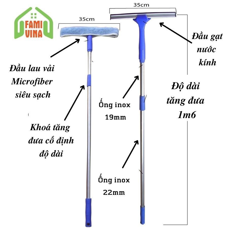 Bộ lau kính đa năng tiện dụng 3-1 gồm cây lau inox cán dài 1m6 đầu lau kính siêu sạch-đầu gạt nước kiếng & móc treo đồ