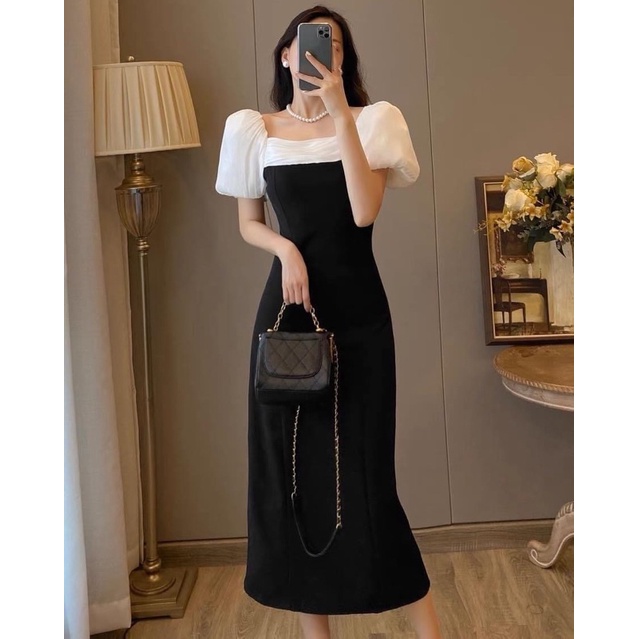 ĐẦM CỔ VUÔNG TAY BÍ PHỐI TƠ