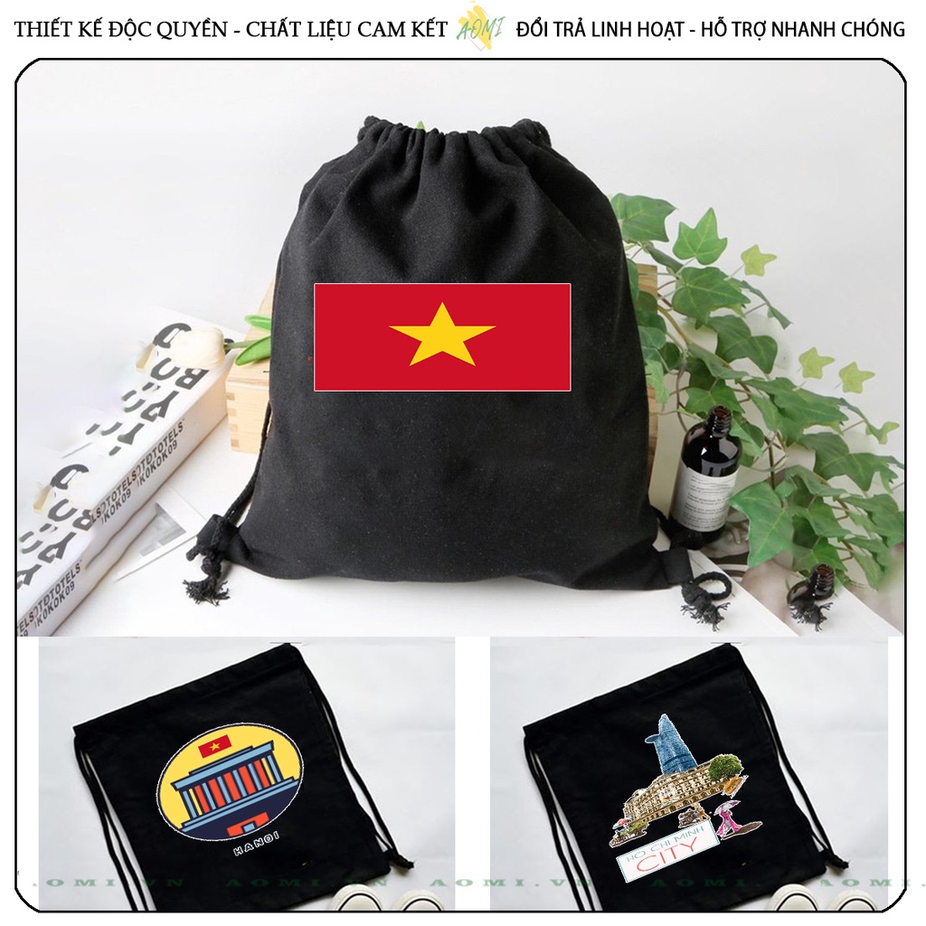 BALO TÔI YÊU VIỆT NAM CỜ TỔ QUỐC MINI AOMIVN DÂY RÚT ĐEO VAI 33x38cm NHỎ XINH CHẤT CANVAS TIỆN ÍCH DU LỊCH DẠO PHỐ