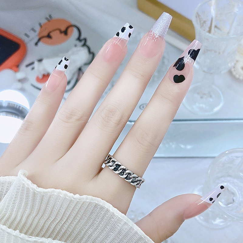 Youyo Móng Tay Giả Dạng Nhấn In Họa Tiết Bò Sữa Phong Cách Pháp Có Thể Đeo Vào Móng Tay