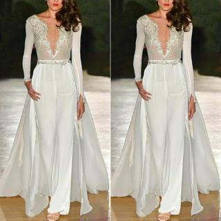Womens Party Gown Deep V-Neck Long Sleeve Prom Jumpsuit
