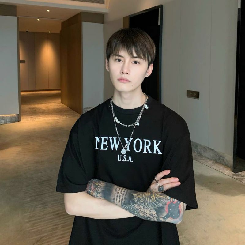 Áo thun tay lỡ unisex trắng đen nam nữ unisex in chữ NEW YORK