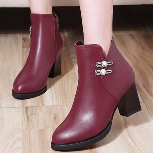 [QC CAO CẤP] BOOTS NỮ CỔ THẤP ĐÍNH NƠ ĐÁ SANG CHẢNH DA SI MỀM CAO CẤP - BỐT NỮ CAO 7CM MÀU ĐỎ BAO BỀN ĐẸP (chuẩn form)