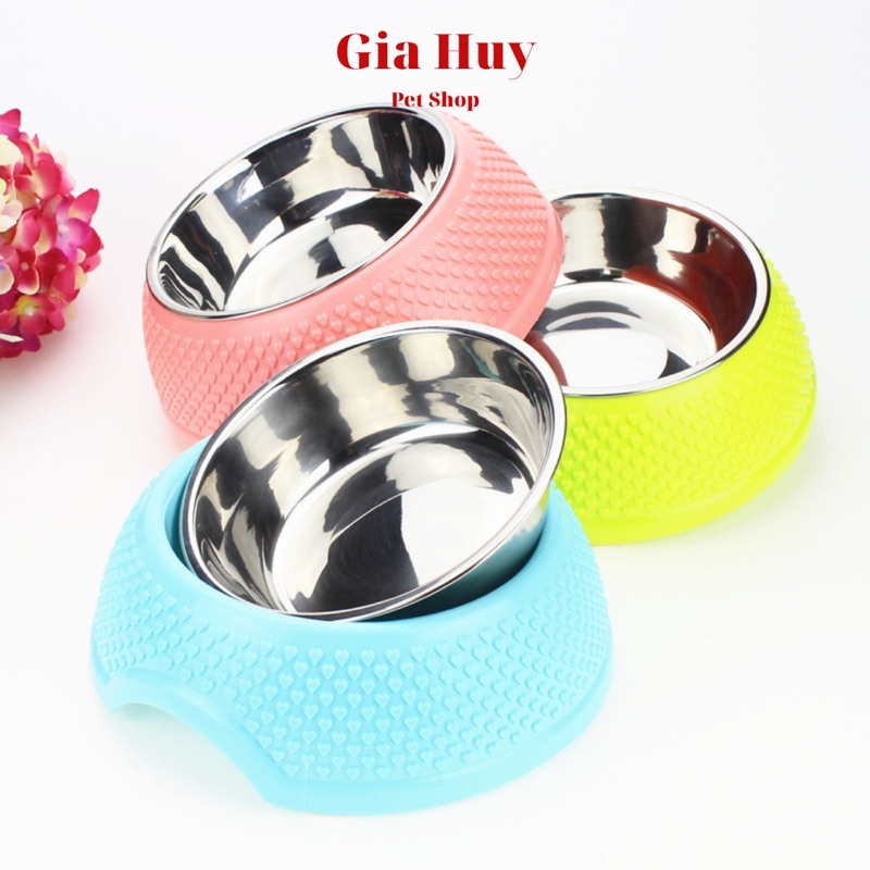 Bát Ăn Cho Chó Mèo Kèm Bát Inox Vân Trái Tim
