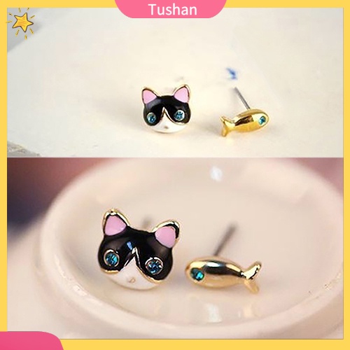 1 Đôi Bông Tai Hình Mèo Và Cá Đính Đá Đáng Yêu Cho Nữ