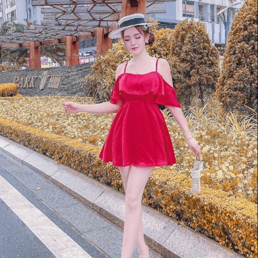 Váy 2 dây lụa thiết kế trễ vai đi biển xòe ngắn xinh đẹp HN CLOTHING V14