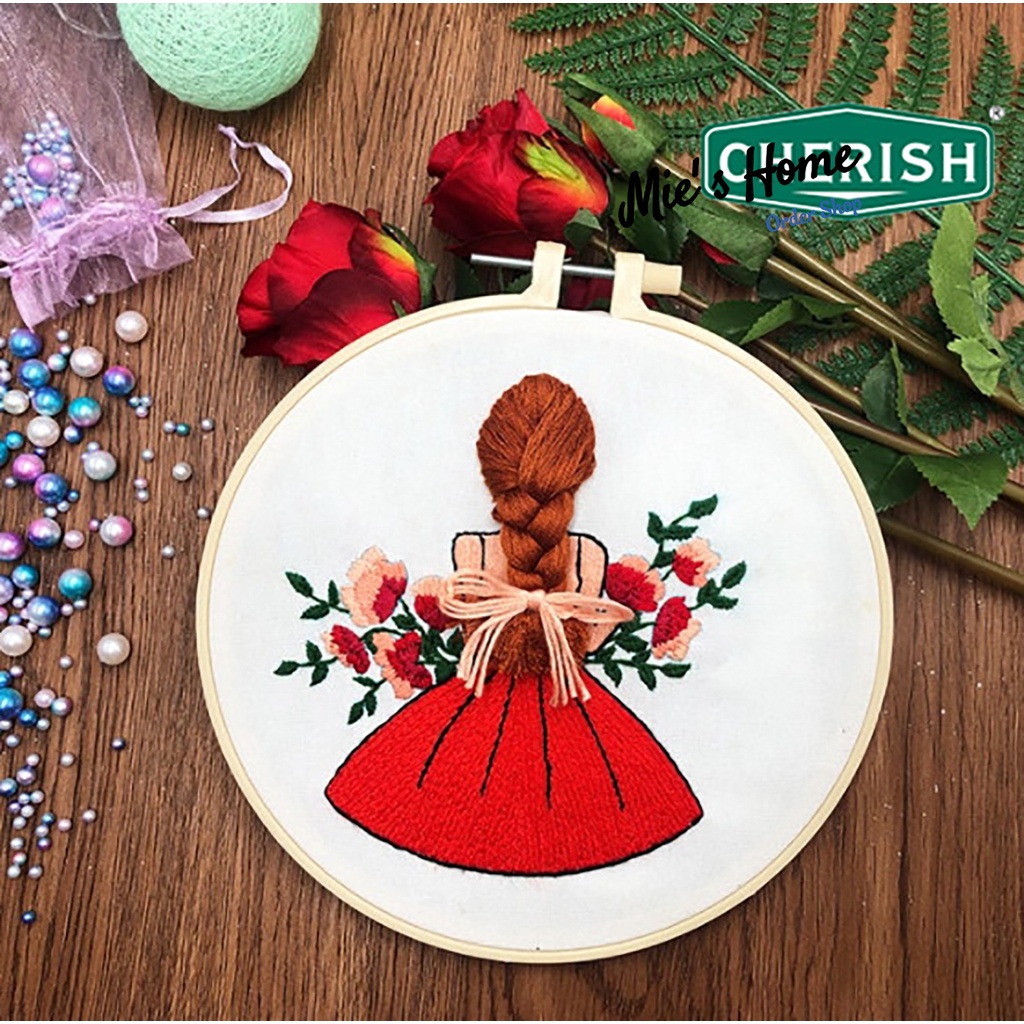 Bộ đồ nghề thêu hoa và Cô gái Girl Friend DIY Bộ đồ thêu chữ thập Bông tranh thêu gồm khung thêu - MIE Handmade Shop