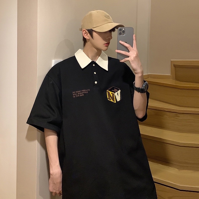 Áo Thun Polo Unisex NV màu ĐEN/KEM form rộng ✳️ Chất thun cá sấu form nam nữ unisex/Áo thun có cổ Jaystoree 🖤