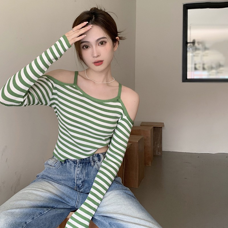 Áo Dệt Kim Nữ Trễ Vai Tay Dài Kẻ Sọc Thời Trang Hàn Quốc