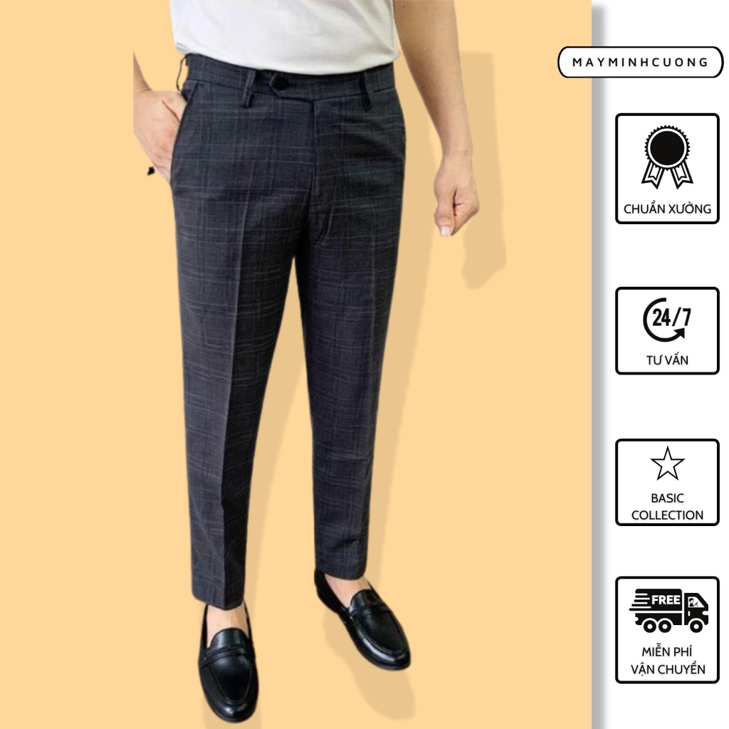 Quần âu nam dáng côn, màu xám kẻ caro sọc nhỏ, vải cotton cao cấp - Mã Q174