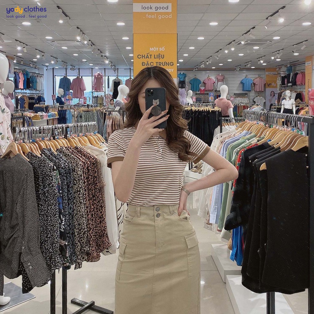 Áo polo nữ YODY kẻ sọc melange dáng basic chất vải mềm mịn APN4172