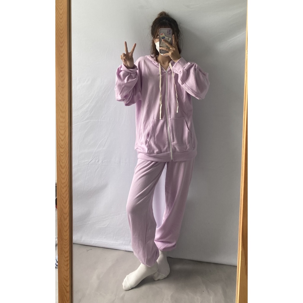 Set Bộ Nỉ Áo Khoác Quần Dài Set Bộ Nỉ Ngoại Tay Phồng Form Rộng Phong Cách Ulzzang Basic [Ảnh Thật]