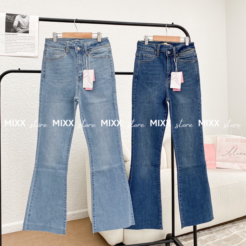 Quần Jean Nữ ống Loe đai lệch lưng cạp cao chất jean dày dặn co giãn thoải mái phom 9 tấc tôn dáng
