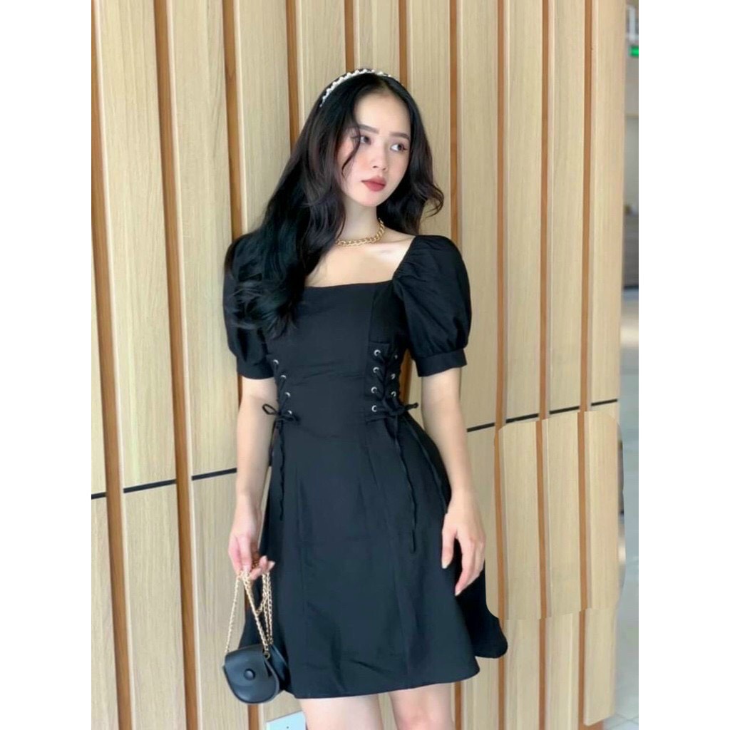 Đầm xòe tay phồng cổ vuông đan dây bên eo xinh xắn