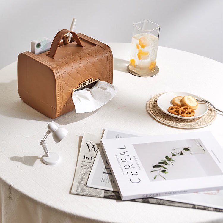 Hộp đựng khăn giấy dạng rút hình túi xánh có quai và khe đựng vật dụng cá nhân tiện lợi