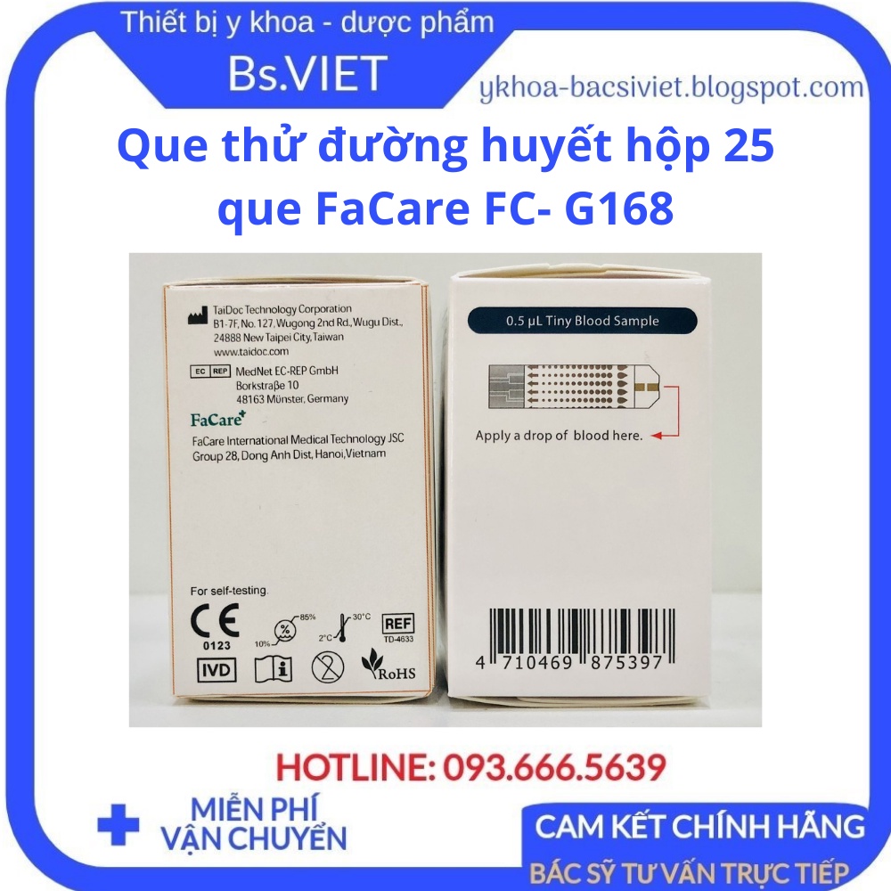 Que thử đường huyết hộp 25 que dùng cho máy đo đường huyết Facare FC- G168 - Hộp 25 que test đường huyết -Bsviet