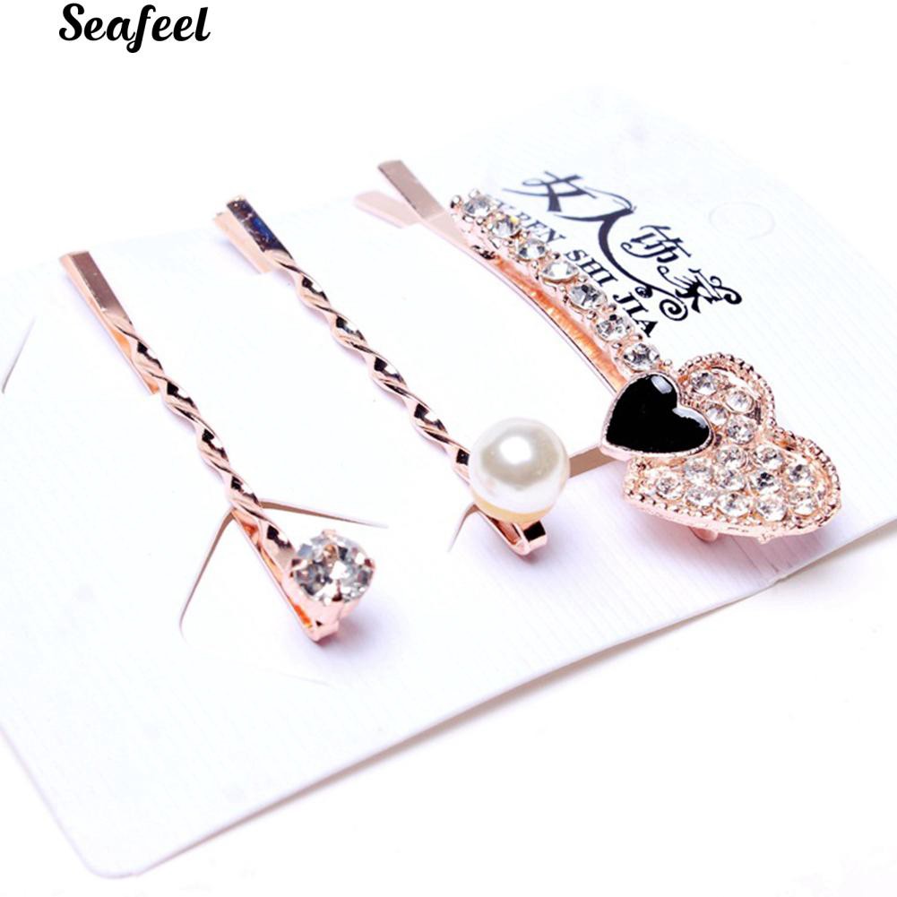 Set 3 kẹp tóc tạo hình trái tim đính đá thời trang cho nữ