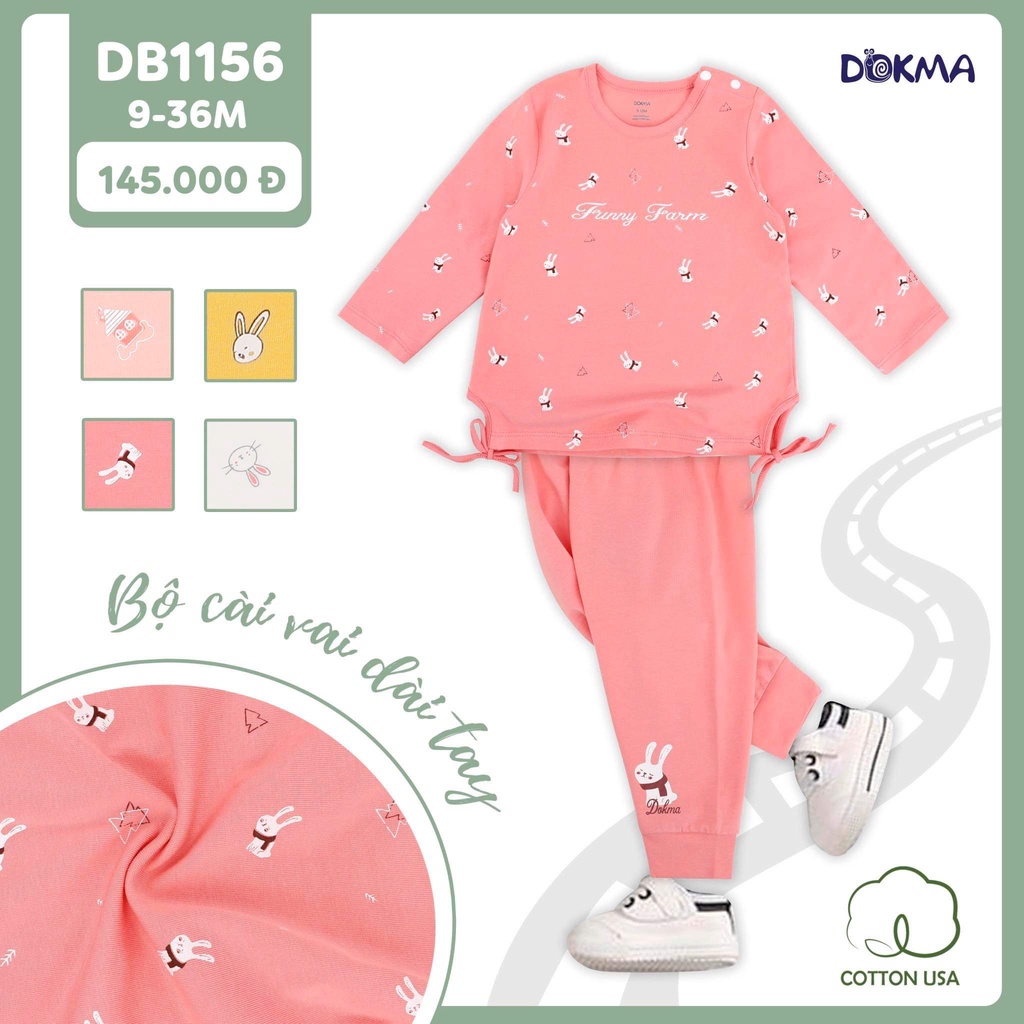 DB1156 Bộ dài tay bé gái họa tiết Dokma vải cotton mỏng (9-36M)