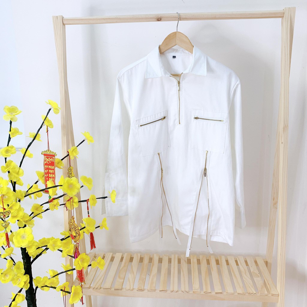 ÁO SƠ MI TRẮNG ĐEN UNISEX PHỐI DÂY KÉO MR SMILE 99 SHOP | BigBuy360 - bigbuy360.vn