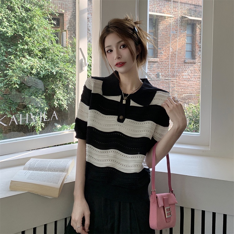 Áo thun ZHELIHANGFEI dệt kim cổ polo tay ngắn dáng rộng kẻ sọc ngang màu sắc tương phản cá tính