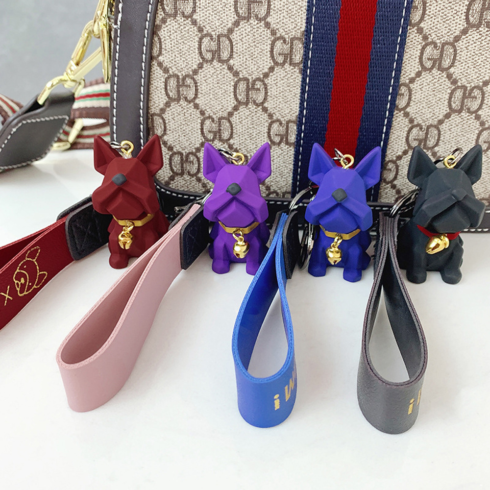 Móc gắn chìa khóa mặt hình chú cún bull đáng yêu với dây da PU kiểu Pháp cá tính