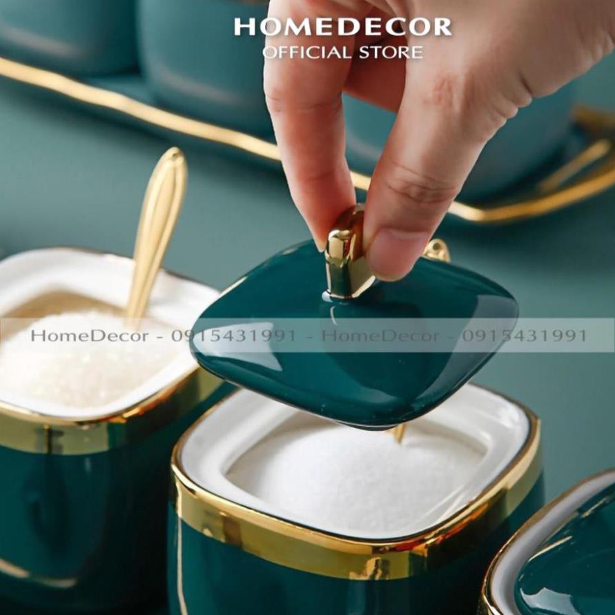 Bộ 3 Hũ đựng gia vị sứ xanh kèm khay và thìa | BigBuy360 - bigbuy360.vn