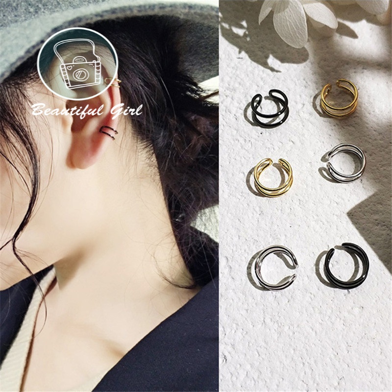 Khuyên tai kim loại màu vàng/bạc/đen phong cách Punk Hàn Quốc sành điệu
