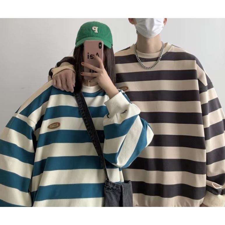 Áo Sweater Phối Nhung Tay Dài Dáng Rộng Kẻ Sọc Kiểu Vintage Hàn Quốc Thời Trang Thu Đông Cho Nữ Cỡ M-3XL