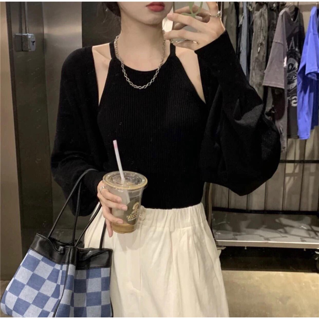 ◄SET 2 MÓN HOT TREND, áo croptop mix khoác tay phồng màu trắng freesize sexy phong cách Hàn Quốc | BigBuy360 - bigbuy360.vn