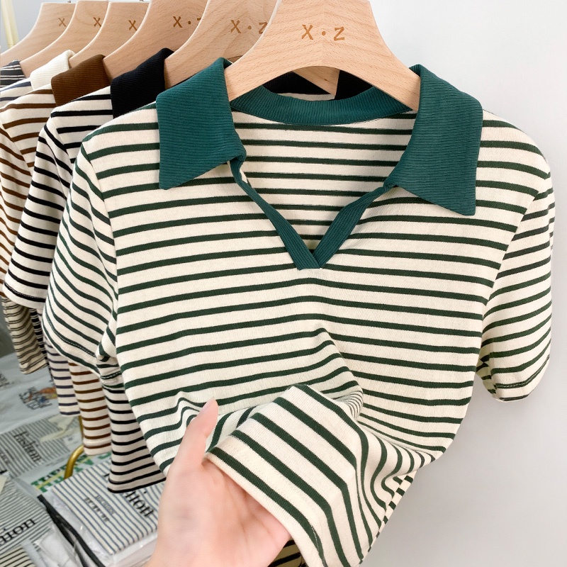 Áo Thun Polo Tay Ngắn Cổ Chữ v Họa Tiết Kẻ Sọc Thời Trang Mùa Hè Hàn Quốc Dành Cho Bạn Nữ 54031