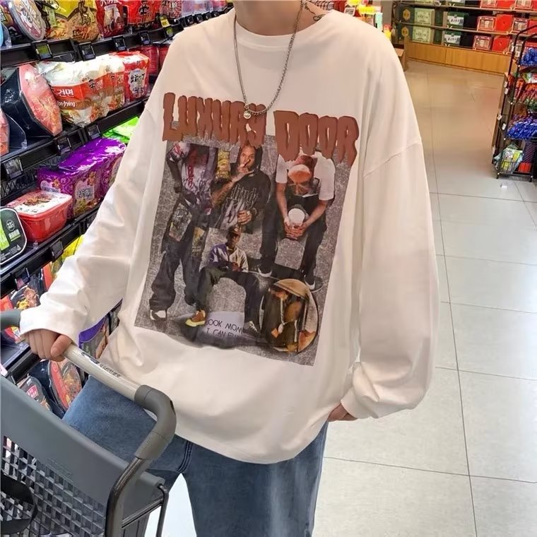 Áo Thun Tay Dài Cổ Tròn Dáng Rộng In Chữ Phong Cách Hip Hop Hàn Quốc Thời Trang Cho Nam Size M-5XL