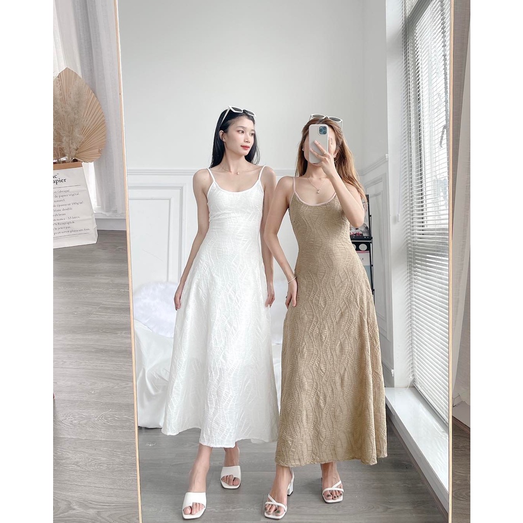 Đầm maxi hai dây ôm dáng xoè nhiều màu đi biển Mụp Store, Đầm 2 dây midi nhăn