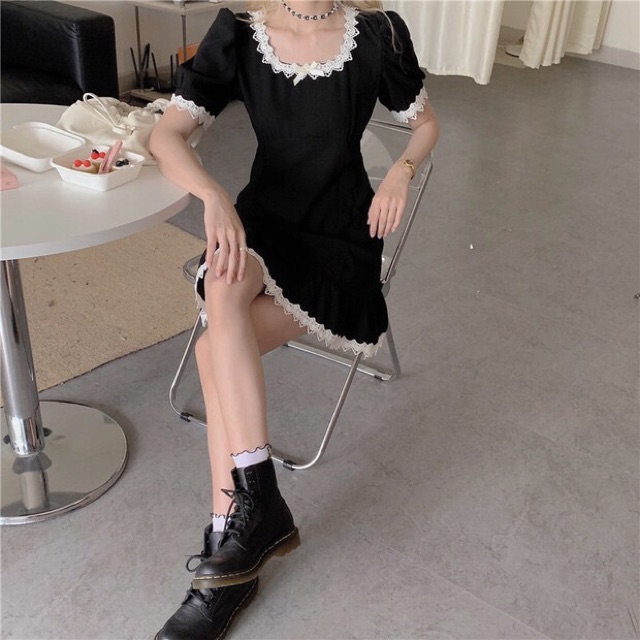 (Video tự quay) Đầm đen phối ren loli ulzzang Hàn Quốc [Yannie] | BigBuy360 - bigbuy360.vn