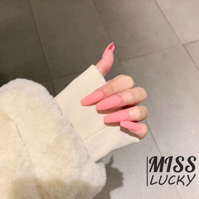 ❤HHN-VN 24pcs/box Fashion Pink Pure Color Frosted Ballet Fake Nails Medium Length Square Head Suitable Fairy Decor Manic