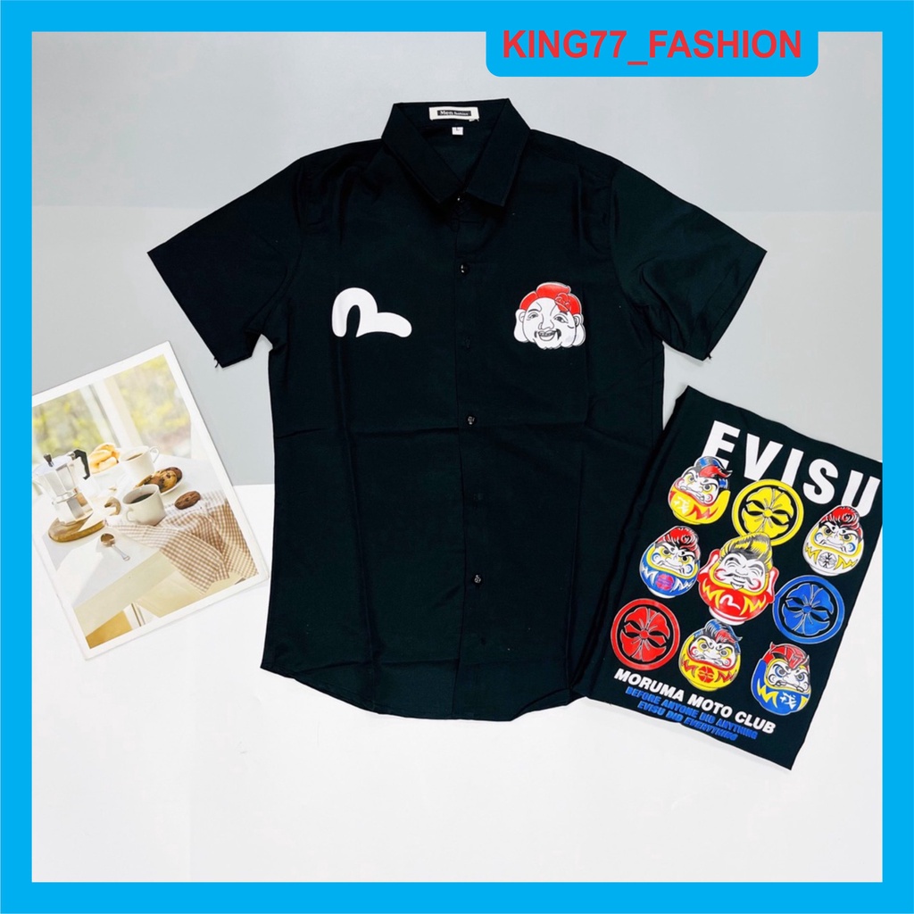 Áo sơ mi nam tay ngắn EVISU in họa tiết 9 mặt ông địa siêu đẹp chất vải lụa kate cao cấp giá rẻ