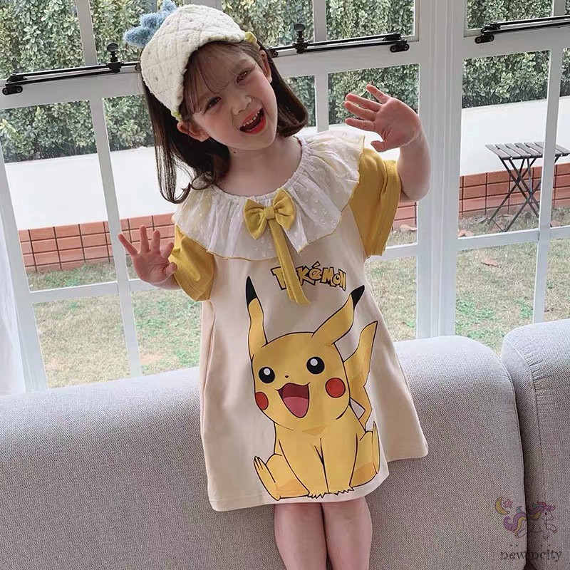 Đầm ngủ tay ngắn cổ bẻ in họa tiết hoạt hình đính nơ phối ren phong cách Hàn Quốc dễ thương cho bé gái