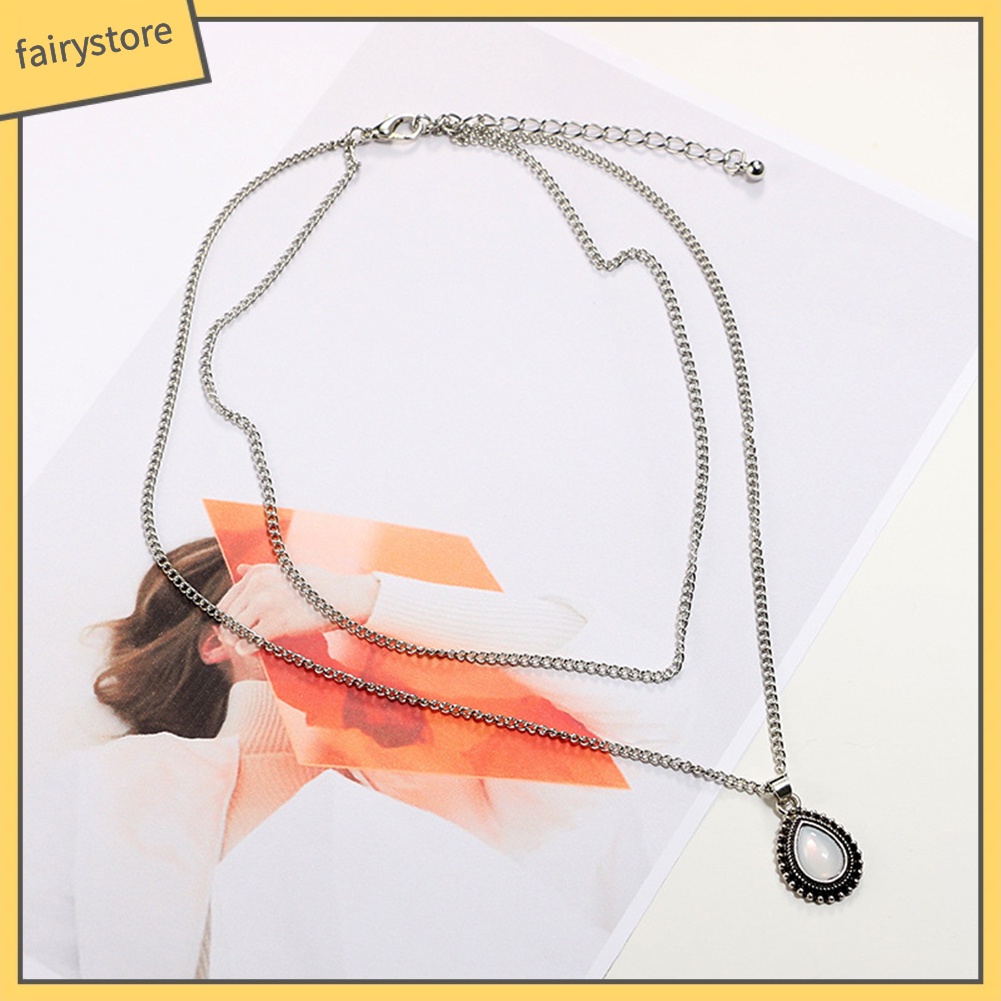 Dây chuyền thời trang hai lớp mặt đá opal hình giọt nước phong cách cổ điển sang trọng