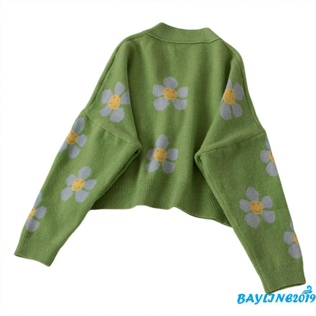 Áo khoác len cardigan tay dài cổ chữ V họa tiết hoa cho nữ