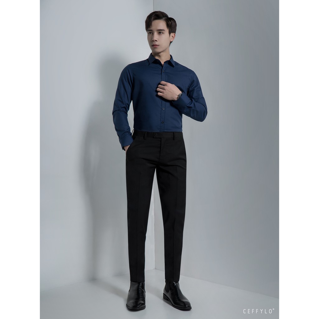 Áo sơ mi dài tay xanh navy trơn CEFFYLO chất liệu thoáng khí giữ form cực tốt