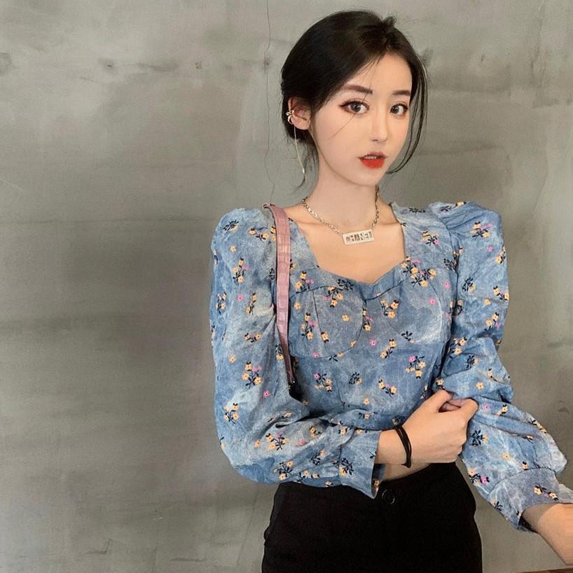 Áo Kiểu Cổ Vuông In Họa Tiết Phong Cách Retro Cho Nữ  tao bao