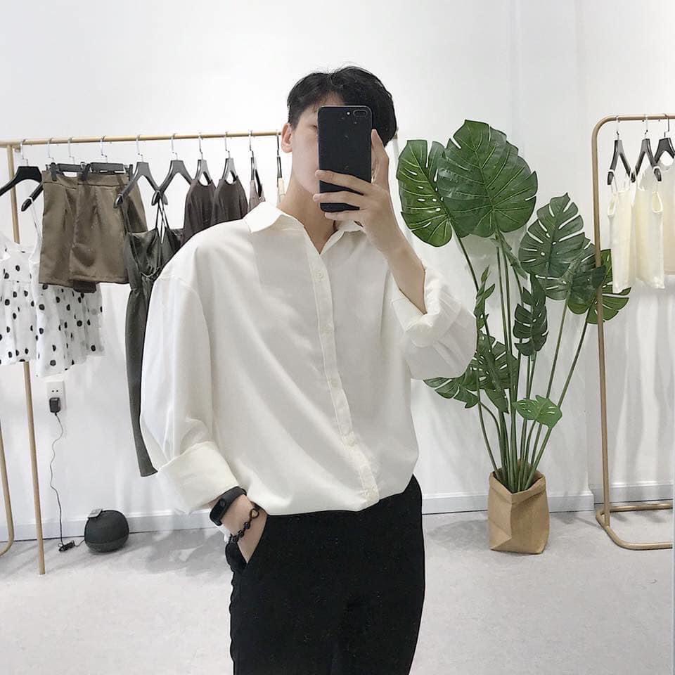 Áo Sơ Mi Trơn thun Dầy Dặn Tay Dài Nam Cho Tomboy Trắng Đen Form Rộng Bigsize Unisex Cao Cấp Đi Học Công Sở Nguyễn Nguyê