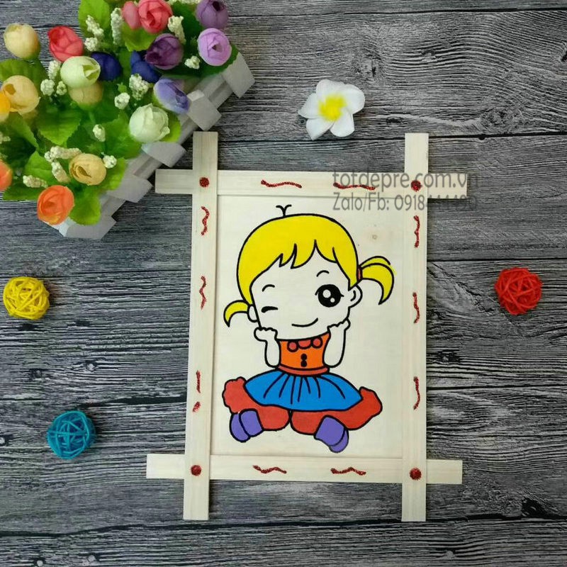 Tô màu Tranh gỗ có hình TẶNG vỉ 6 màu và bút cọ cho bé tập tô màu