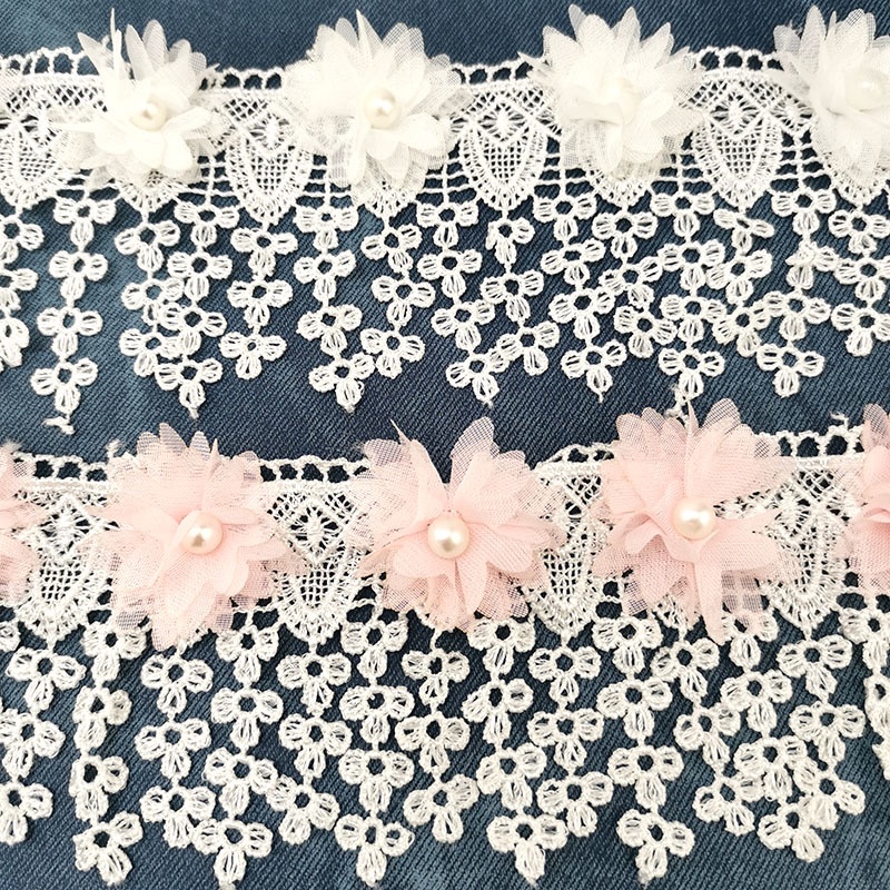 Cuộn Dây Ren Hoa Đính Ngọc Trai Giả Dài 1 Yard 8cm Dùng Để Trang Trí Quần Áo DIY